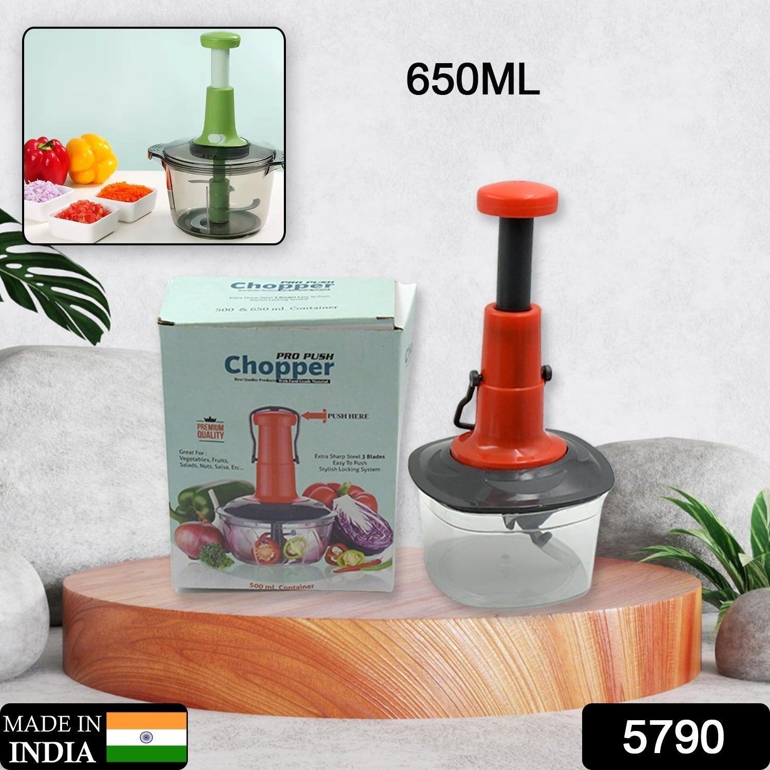 5790 Manual Press Fruit & Vegetable Chopper, with 3 Stainless Steel Blades, Anti-Slip Base, and Locking System, Cutting Chopper For Kitchen (650 ML) 5790 Manual Press Fruit & Vegetable Chopper, with 3 Stainless Steel Blades, Anti-Slip Base, and Locking System, Cutting Chopper For Kitchen (650 ML)